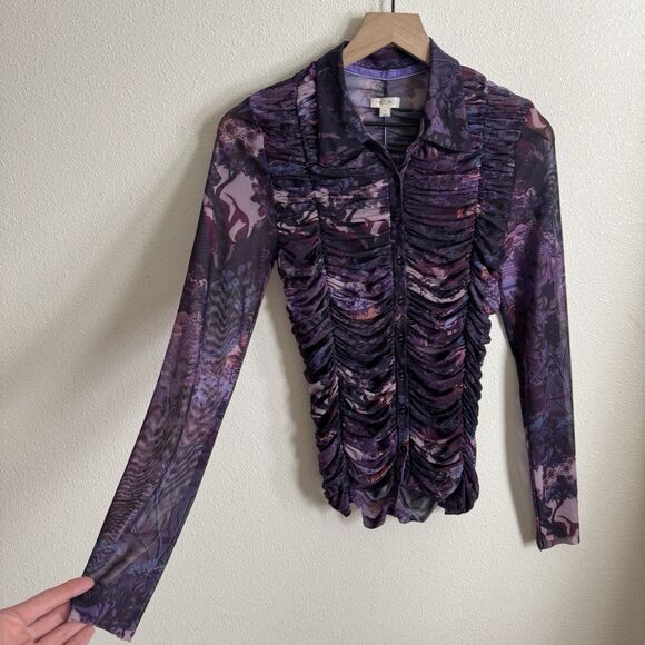 Pilcro Anthropologie Top Womens Small Purple Sheer‎ Button Up Nylon Fairy Grunge - Picture 5 of 16